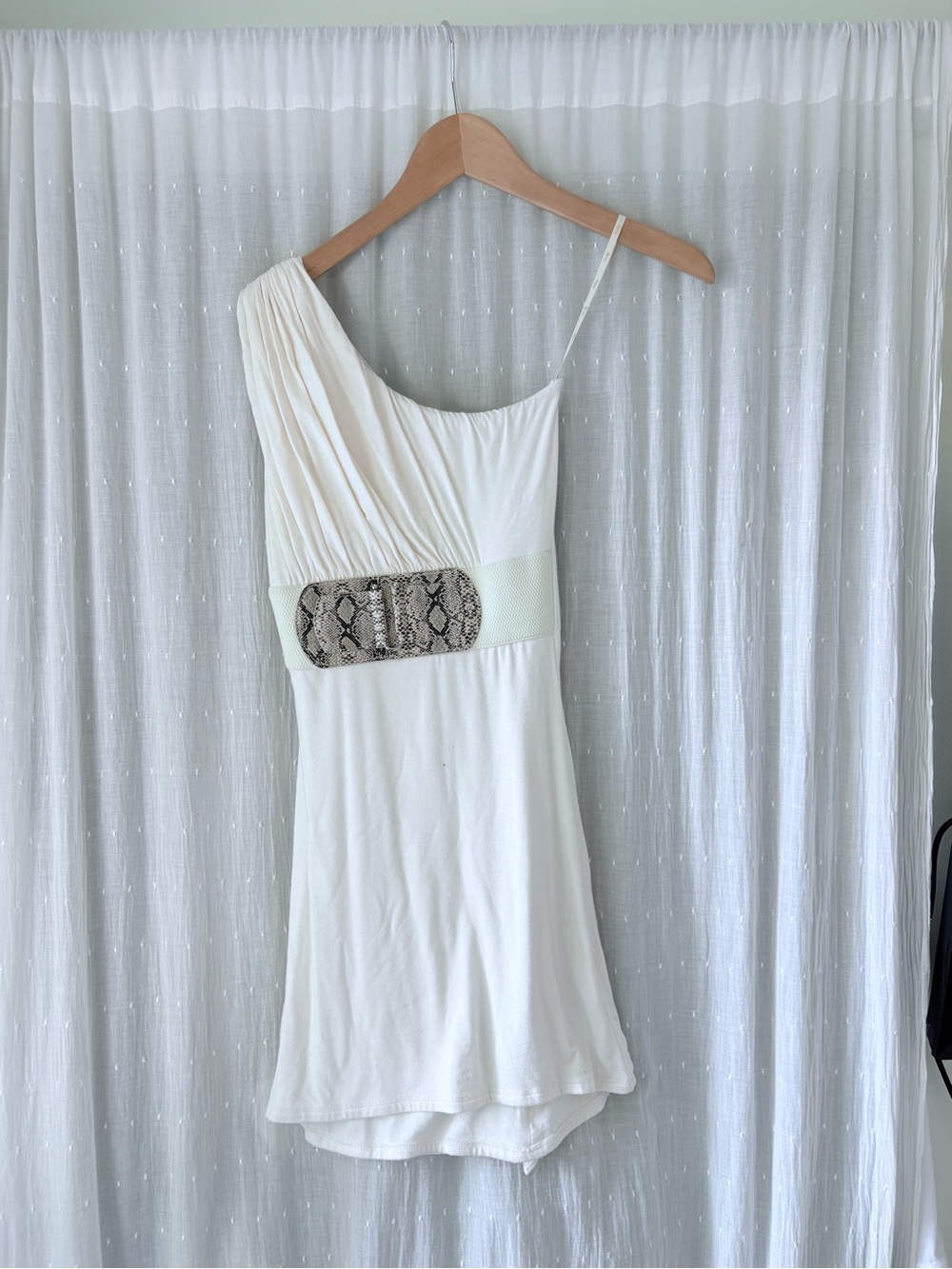 Y2K Sky One-Shoulder Ivory Dress with Snake-Print Accent
